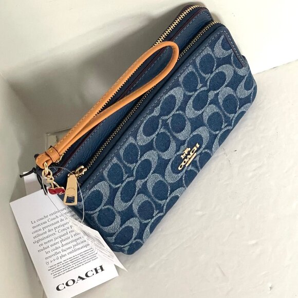 Coach Double Zip Phone Wallet Blue Signature Denim CZ321 Wristlet Leather Clutch - Picture 3 of 10